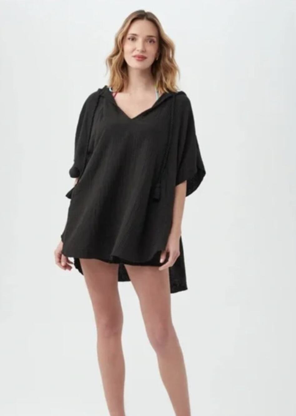 Trina Turk Serene Black Bubble Gauze Poncho Swim Cover Up Resort Sz S/M